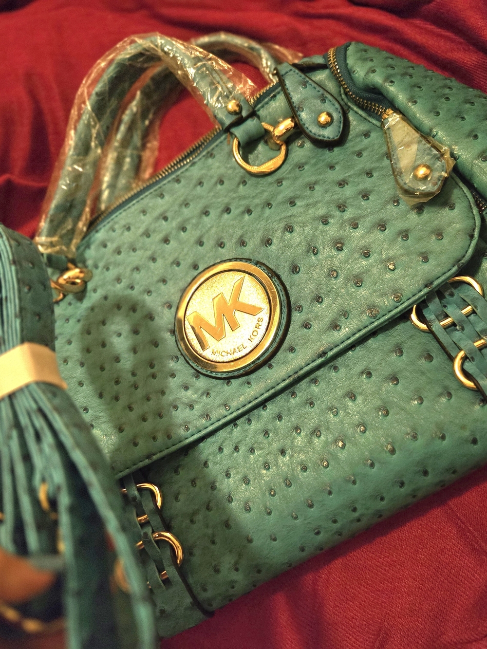 Michael Kors Turquoise Ostrich-Texture Satchel with Gold Hardware - Picture 3 of 4
